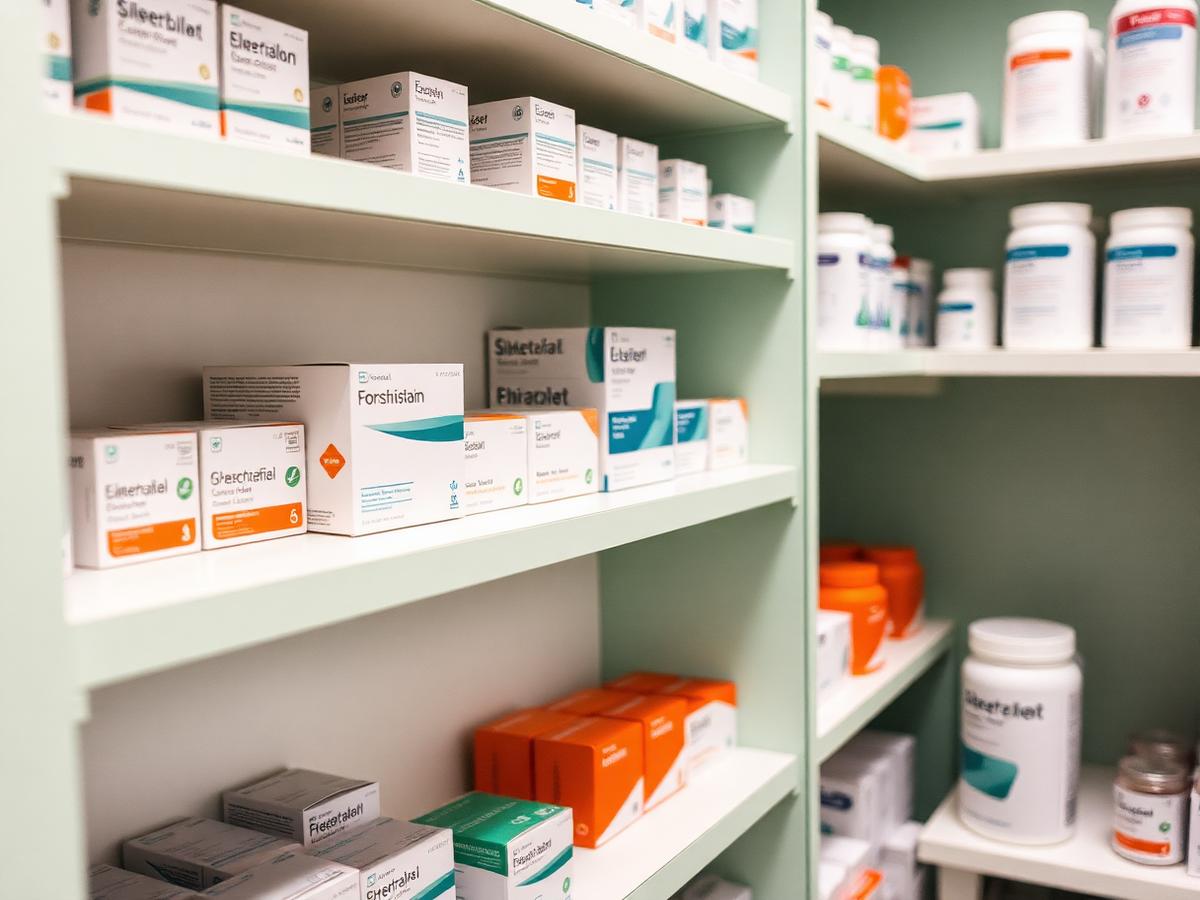 Rayons bien achalandés en produits pharmaceutiques